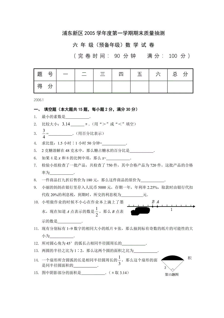 浦东新区2005学年度第一学期期末质量抽测六年级（预备年级）数学试卷.doc_第1页