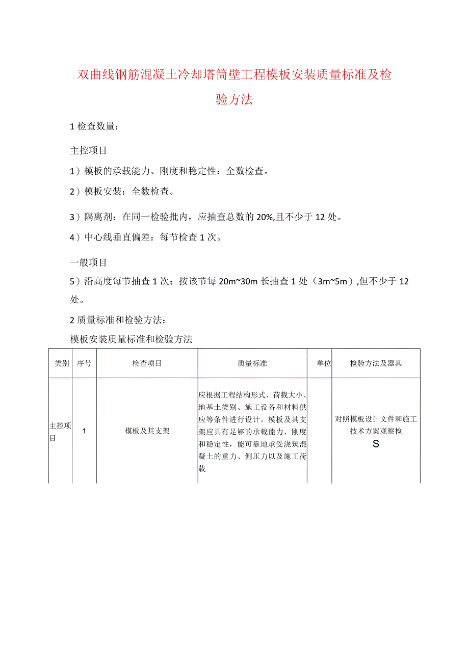 双曲线钢筋混凝土冷却塔筒壁工程模板安装质量标准及检验方法_第1页