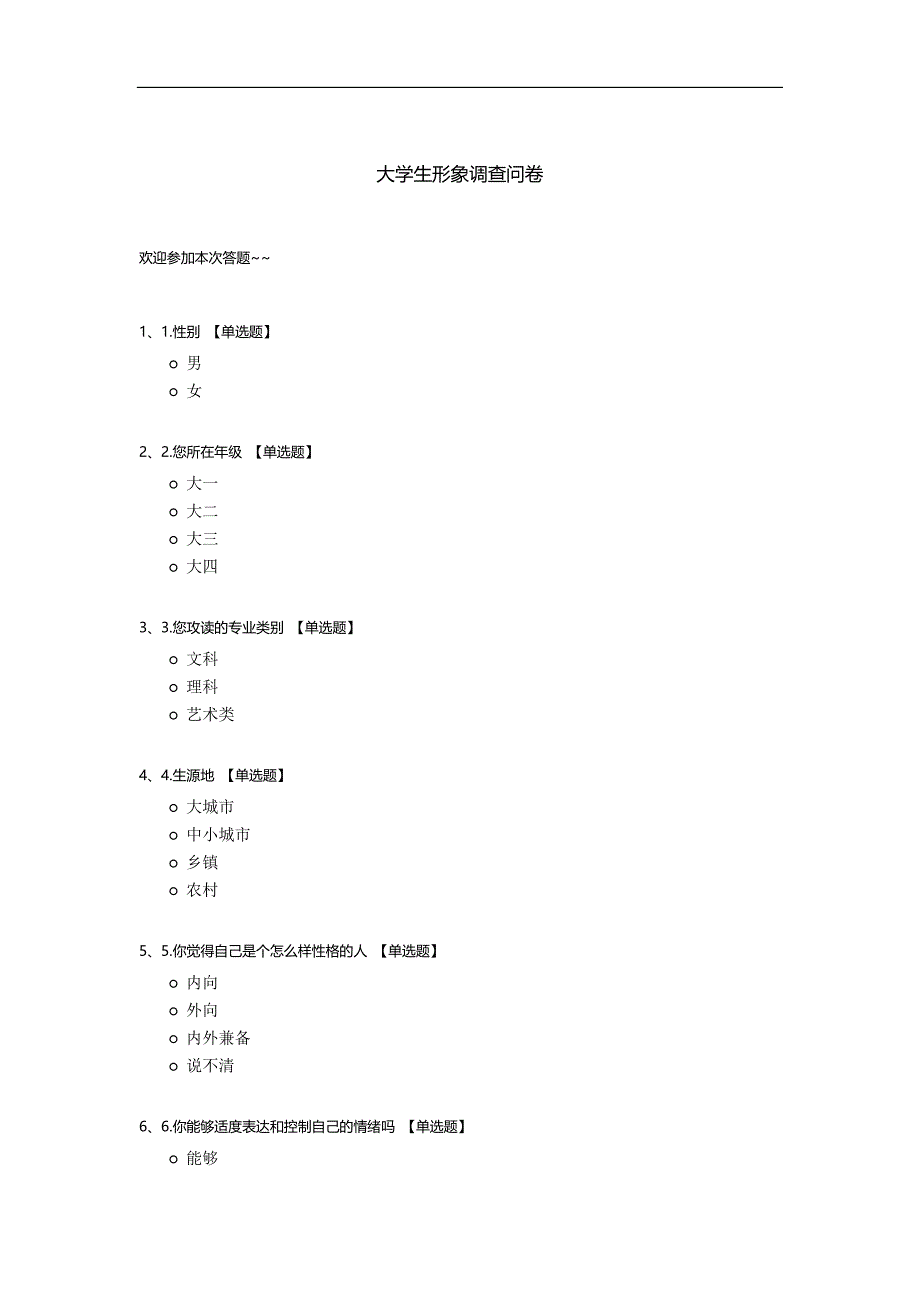 大学生形象调查问卷模板.docx_第1页