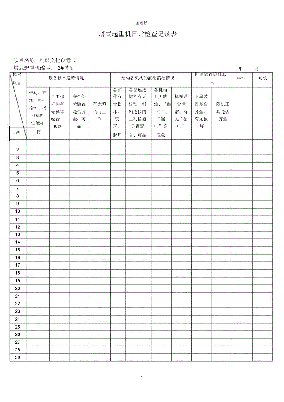 塔式起重机日常检查记录表_第1页