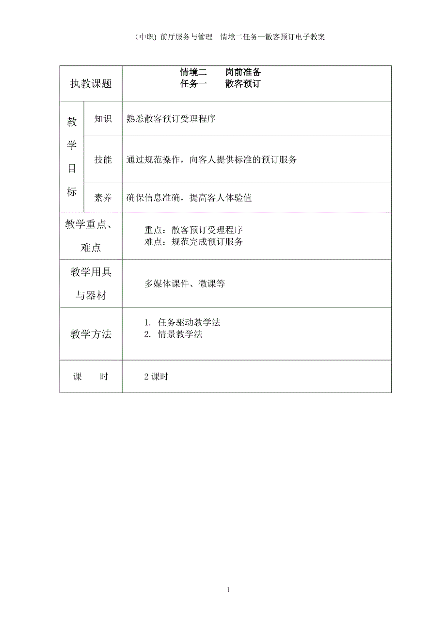 （中职) 前厅服务与管理情境二任务一散客预订电子教案_第1页