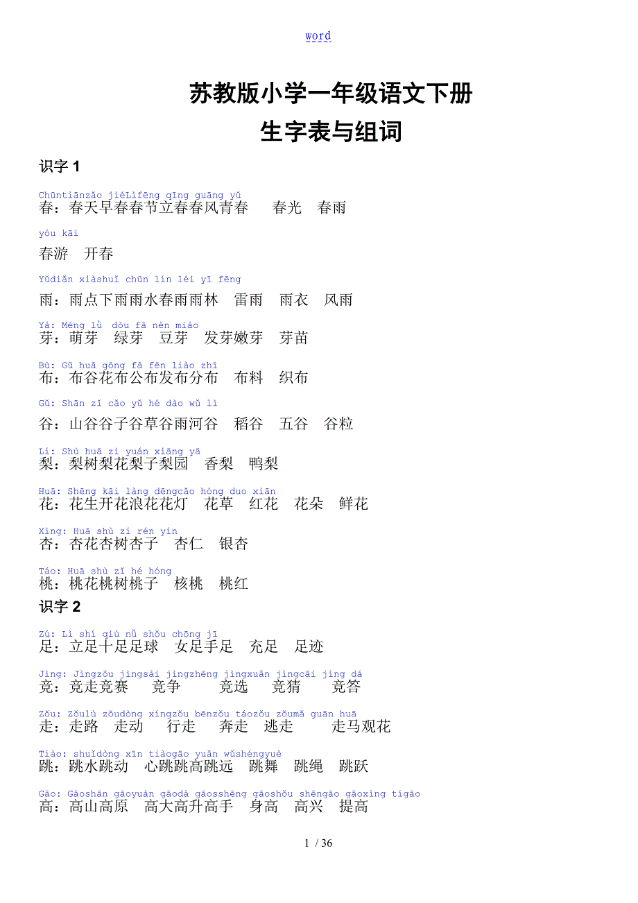 苏教版小学一年级语文下册生字表组词_第1页