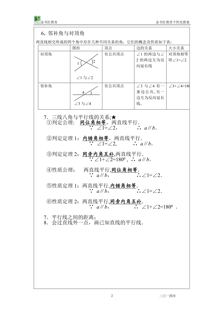 初一数学相交线与平行线证明题思路突破教案.doc_第2页