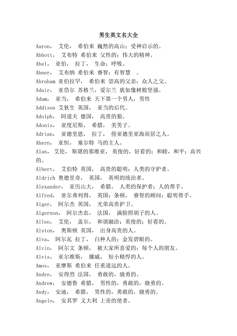 男生英文名大全_第1页
