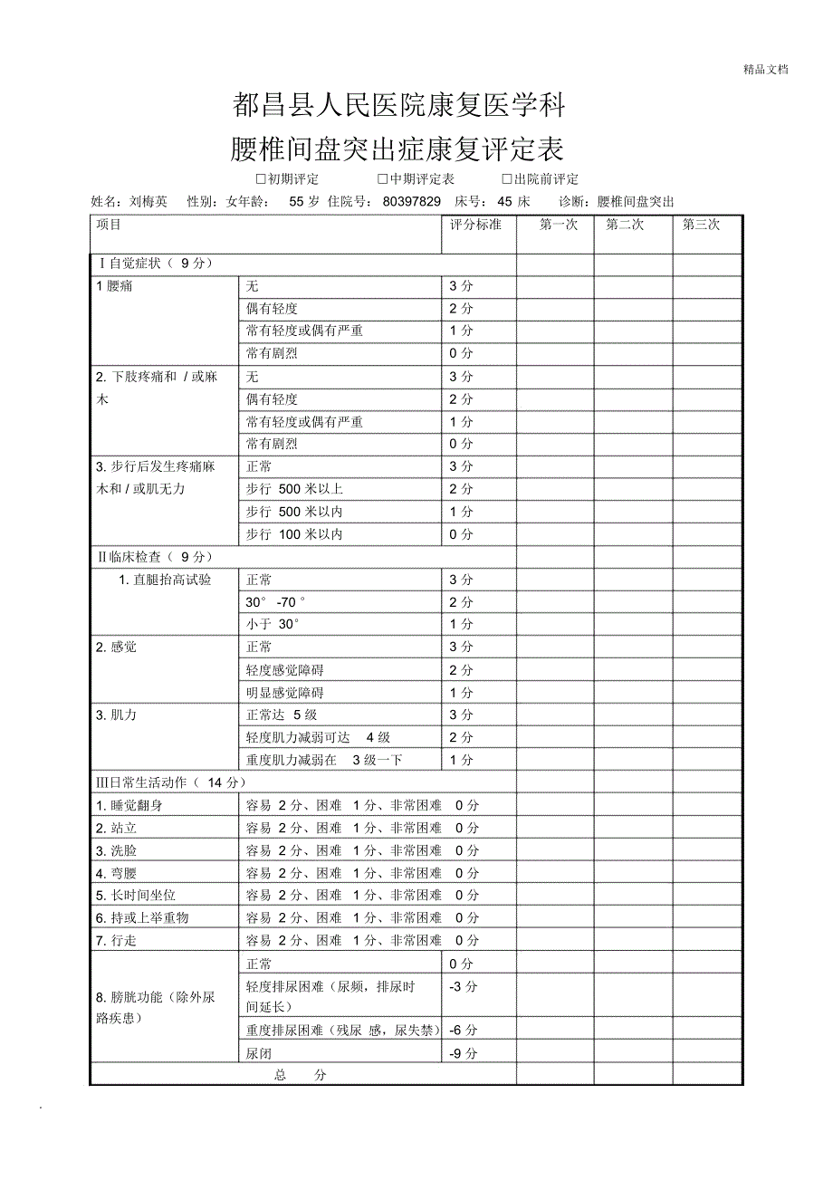 腰椎间盘突出症康复评定表_第1页