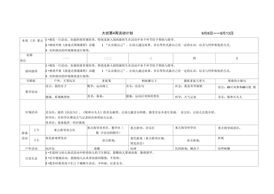 幼儿园大班周计划表秋季_第2页