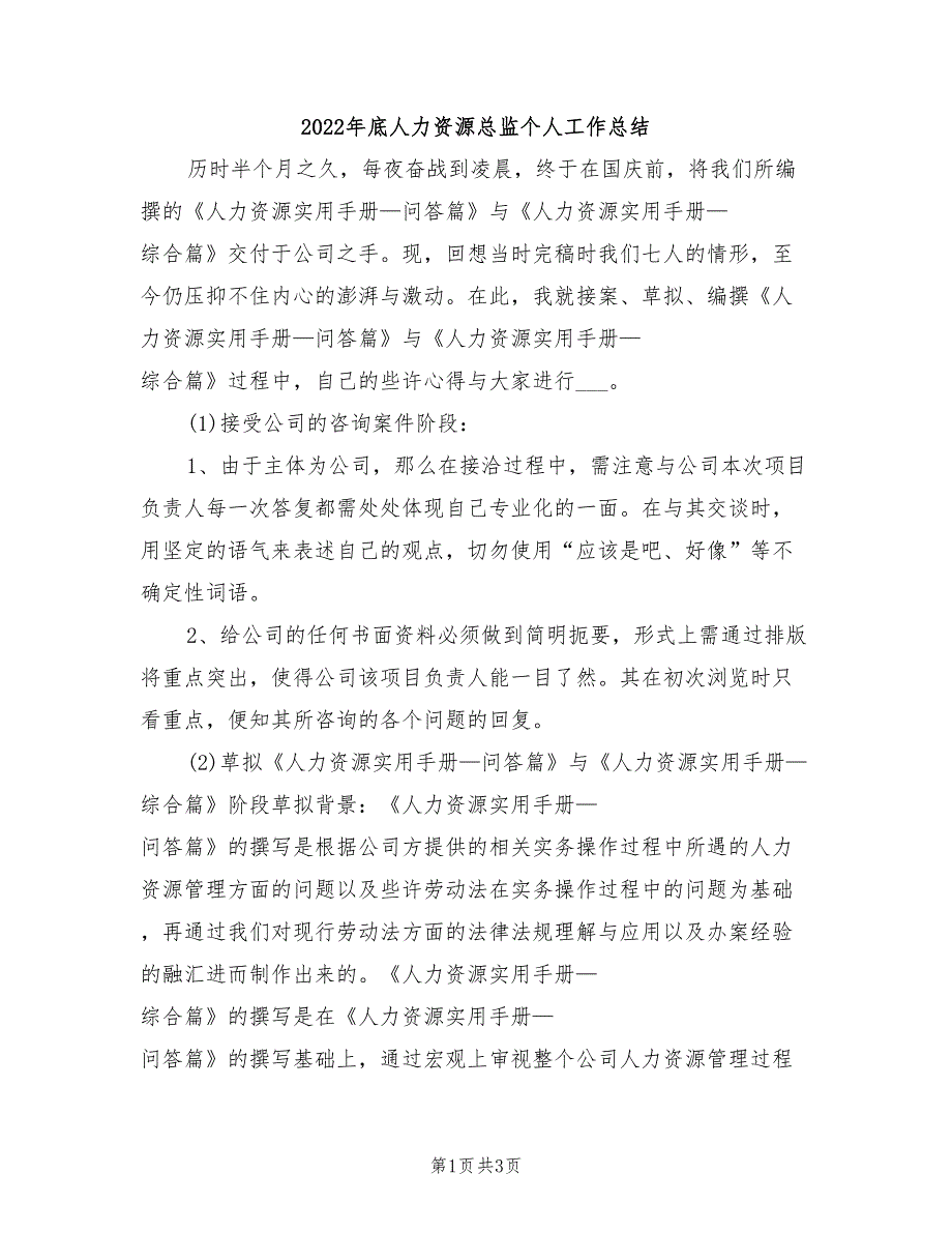 2022年底人力资源总监个人工作总结_第1页