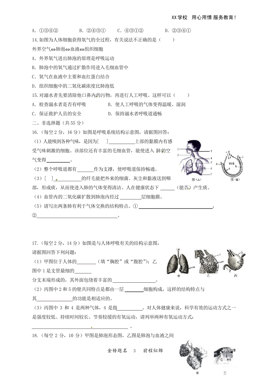 人教版七年级生物下册单元检测练习 第三章_第3页