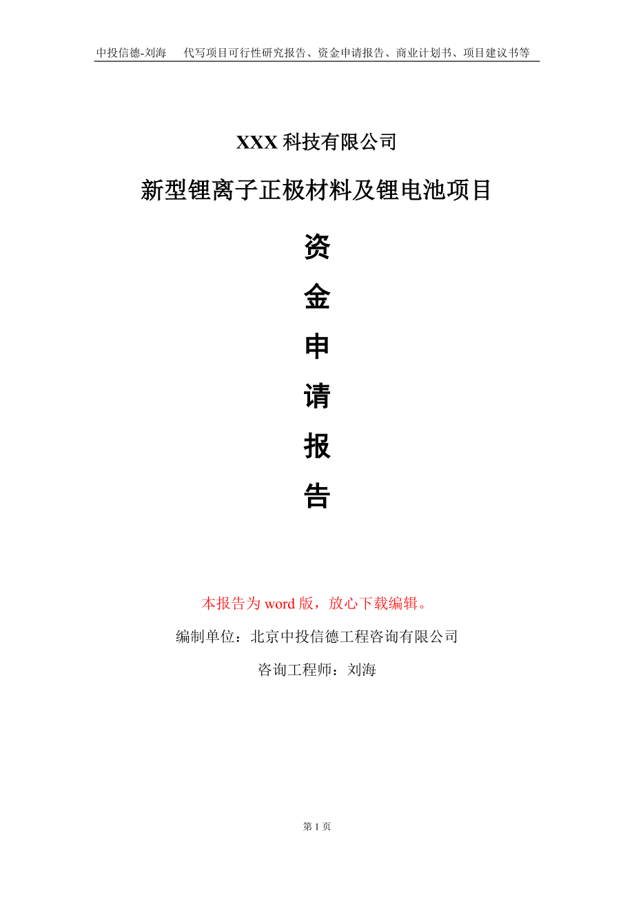 新型锂离子正极材料及锂电池项目资金申请报告写作模板_第1页