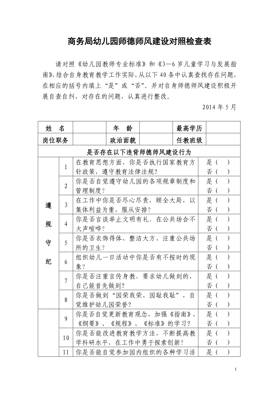 商务局幼儿园师德师风建设对照检查表_第1页