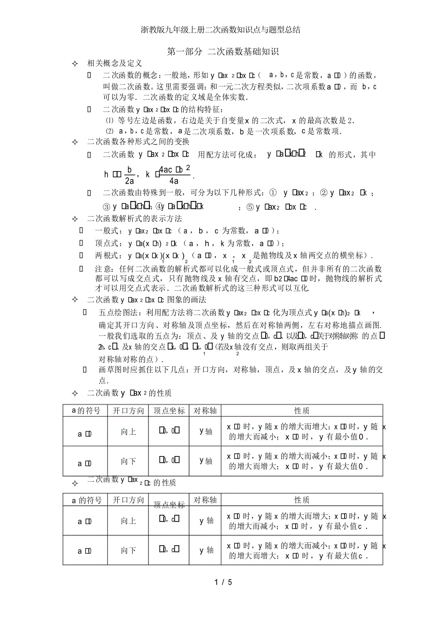 浙教版九年级上册二次函数知识点与题型总结_第1页