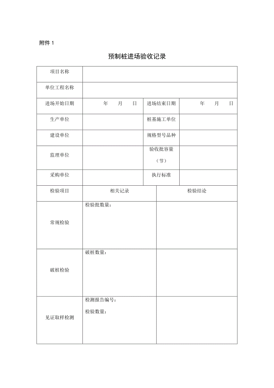 预制桩(方桩)进场验收记录.docx_第1页