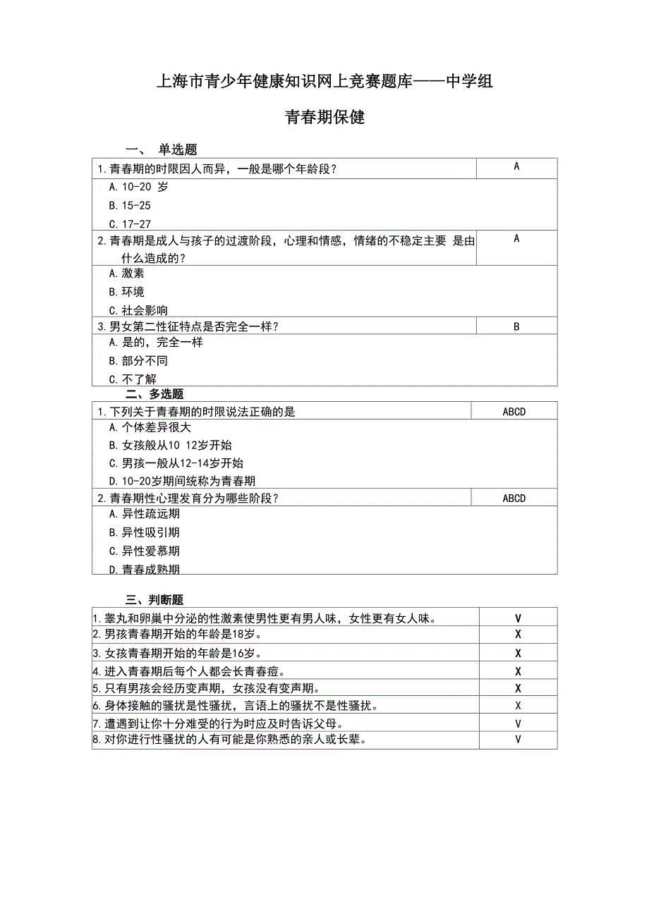 上海青少年健康知识网上竞赛题库_第1页