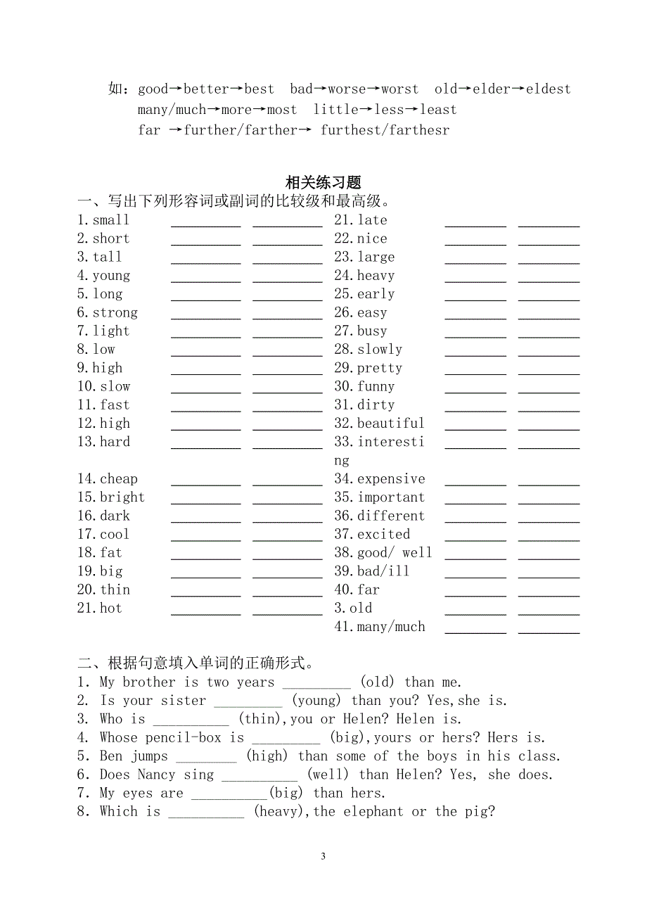 小学六年级英语毕业复习资料【形容词、副词的比较级和最高级】_第3页