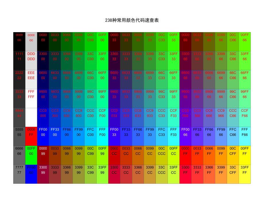 238种常用颜色代码速查表