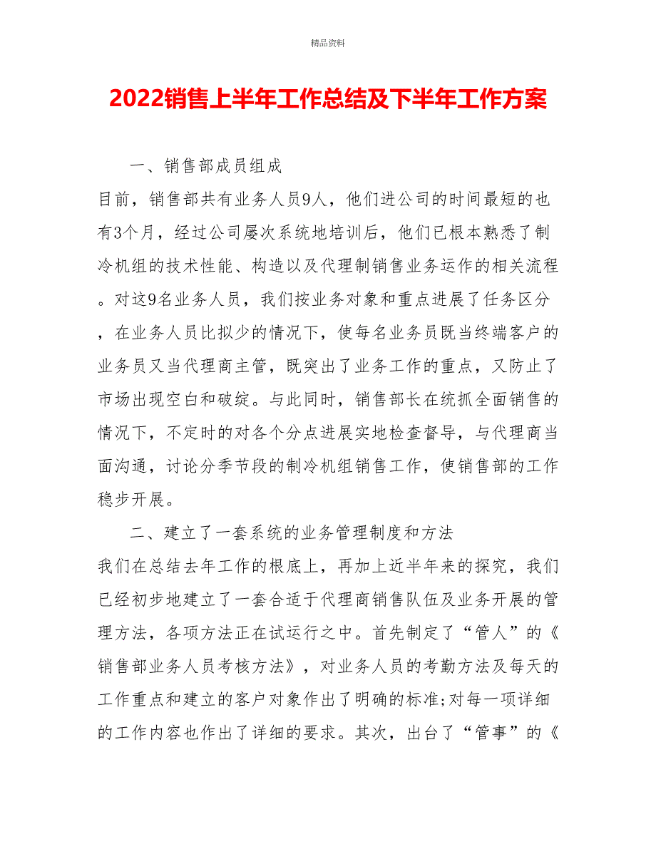 2022销售上半年工作总结及下半年工作计划_第1页