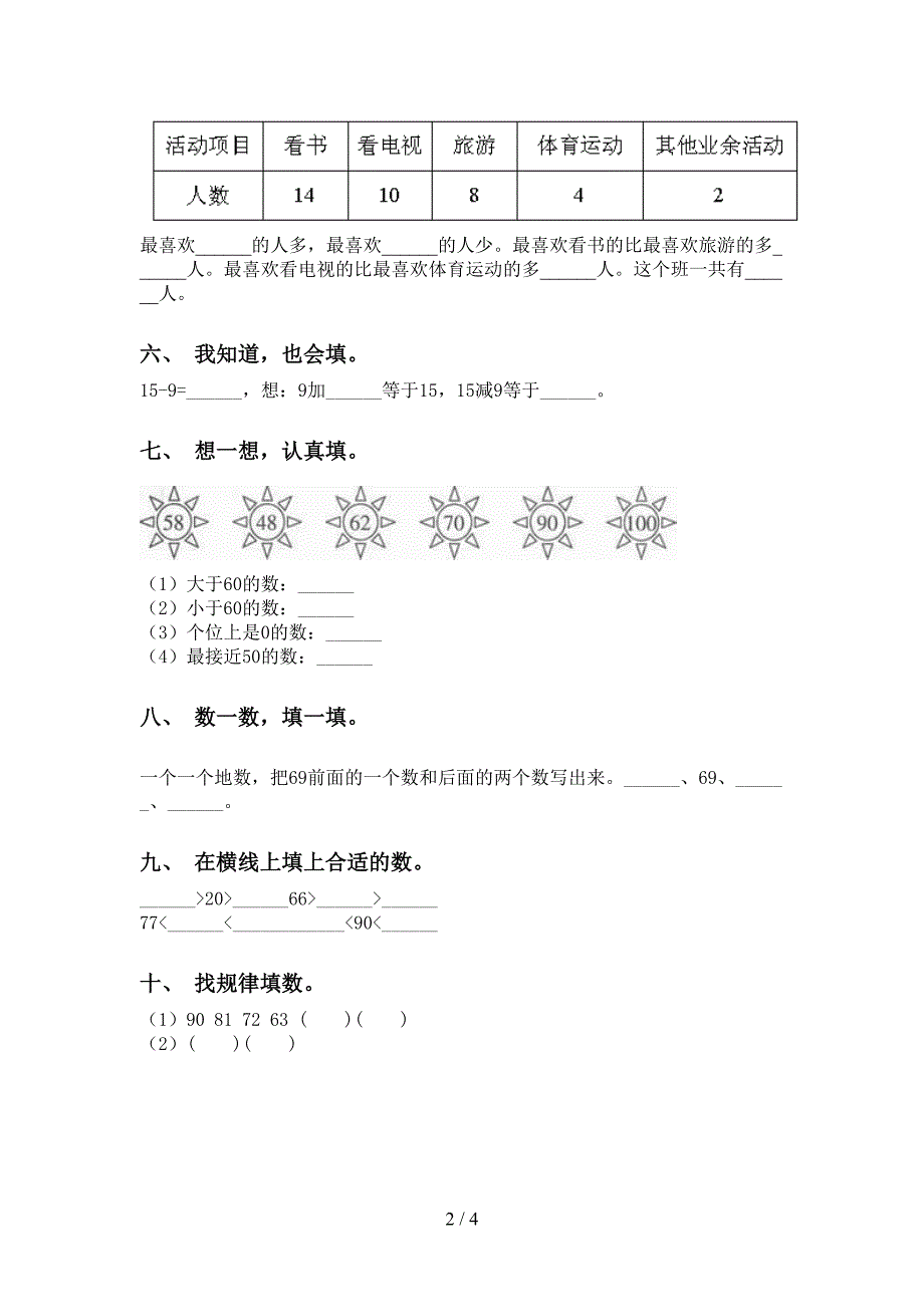 小学西师大版一年级2021年下学期数学填空题同步练习_第2页