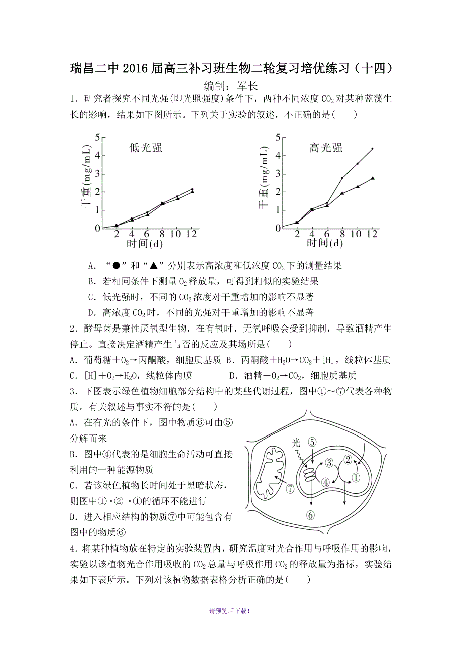 瑞昌二中2016届高三补习班生物二轮复习培优练习(十四)_第1页