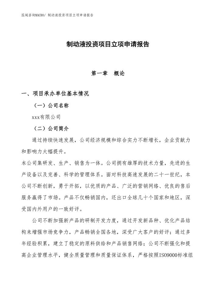 制动液投资项目立项申请报告