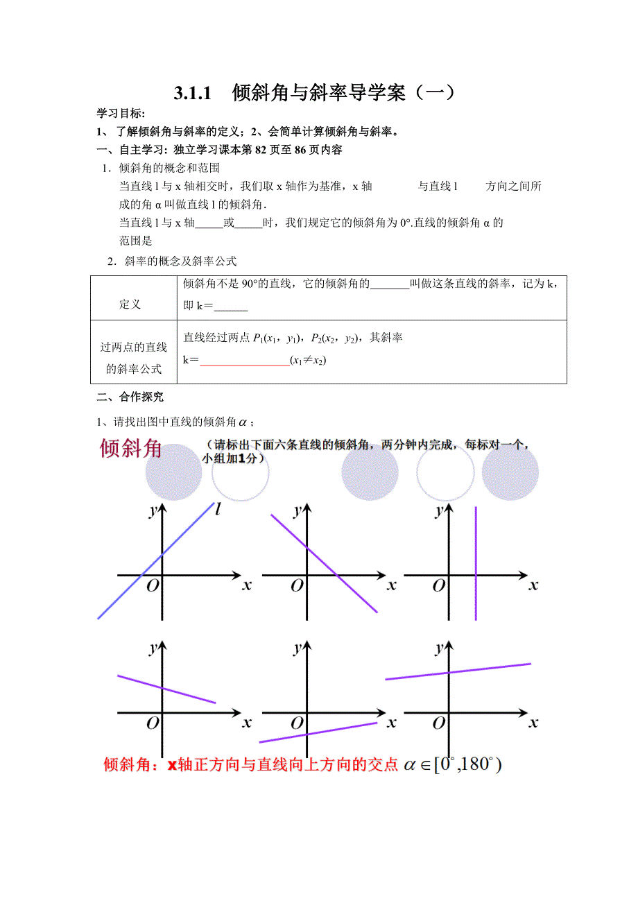 直线的倾斜角与斜率导学案_第1页