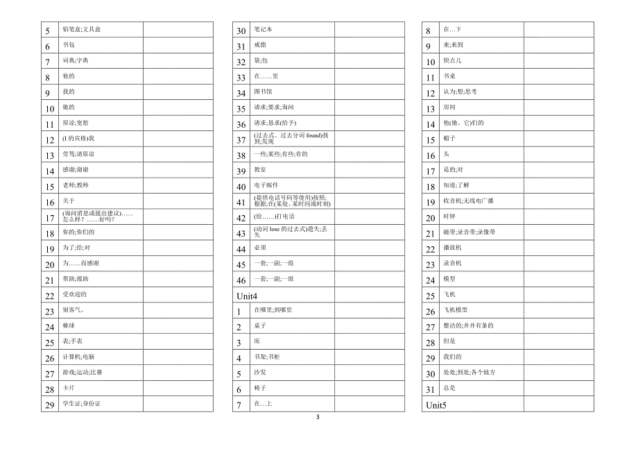 人教新版七年级上册英语单词默写表(直接打印).doc_第3页