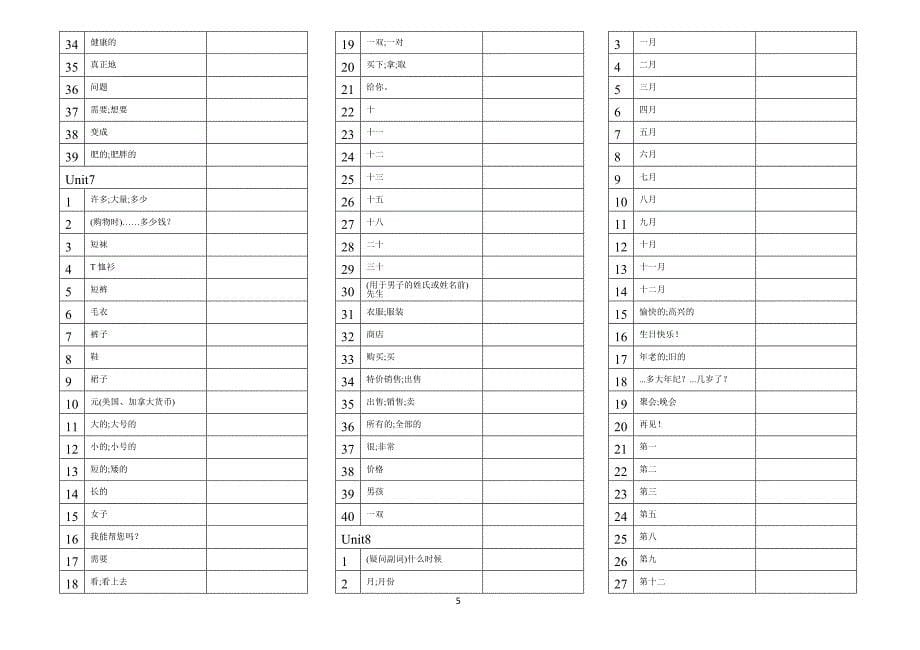 人教新版七年级上册英语单词默写表(直接打印).doc_第5页