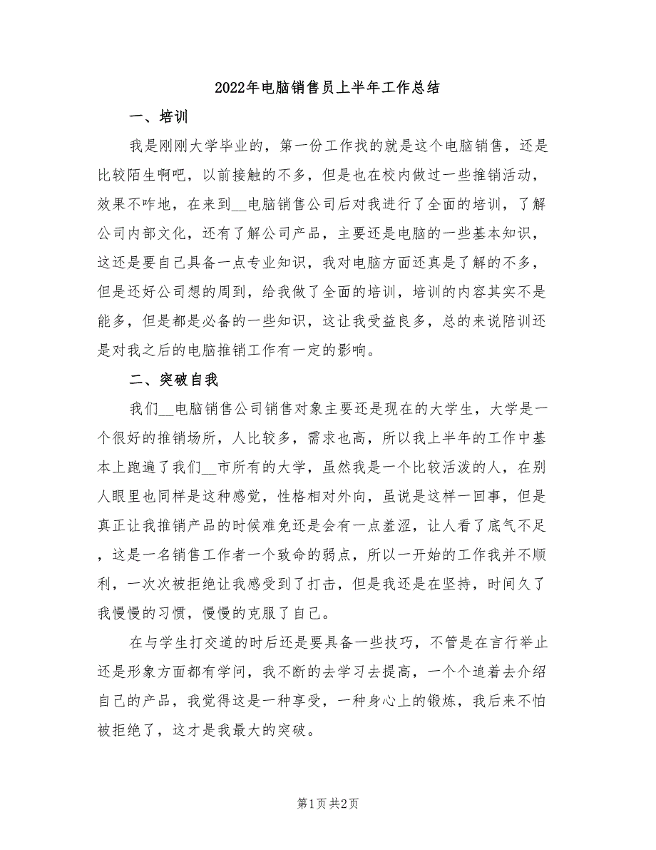 2022年电脑销售员上半年工作总结_第1页