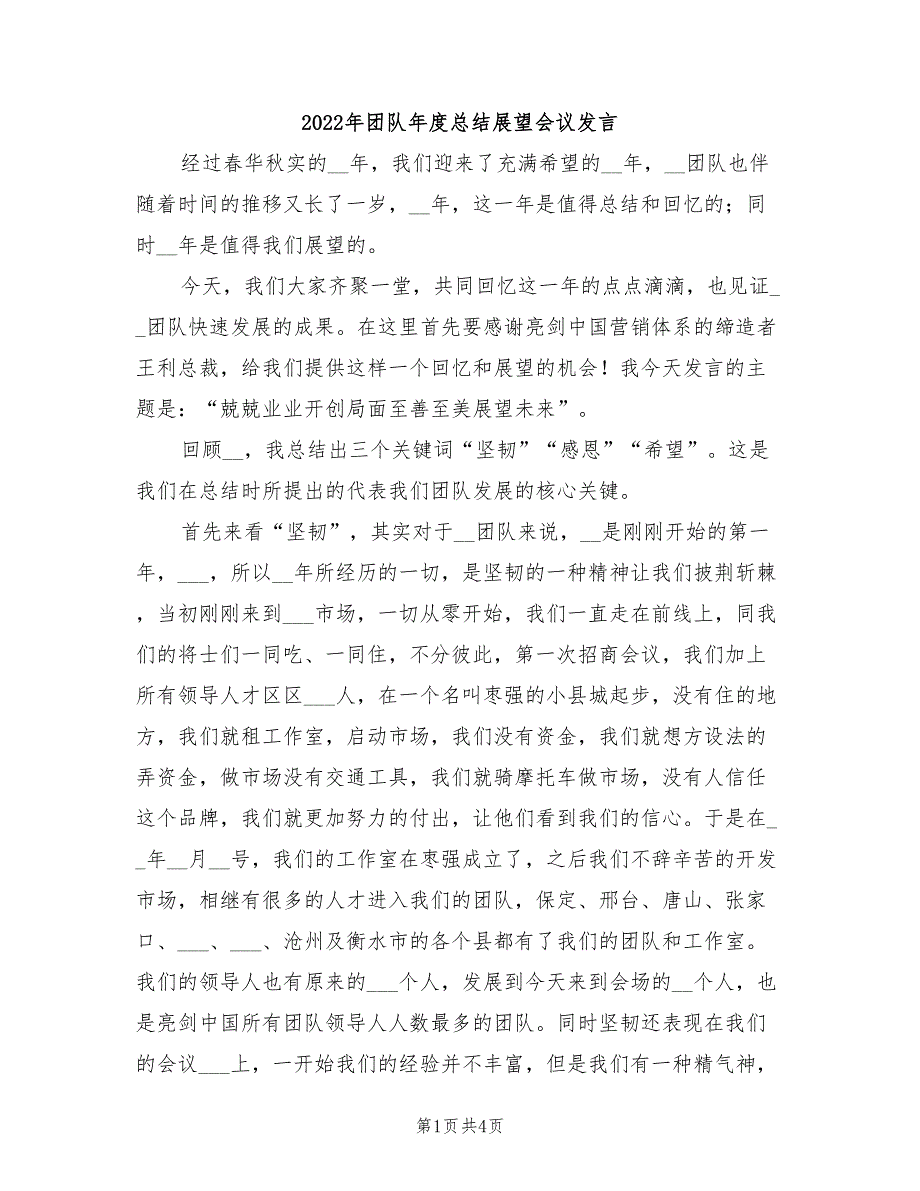 2022年团队年度总结展望会议发言_第1页