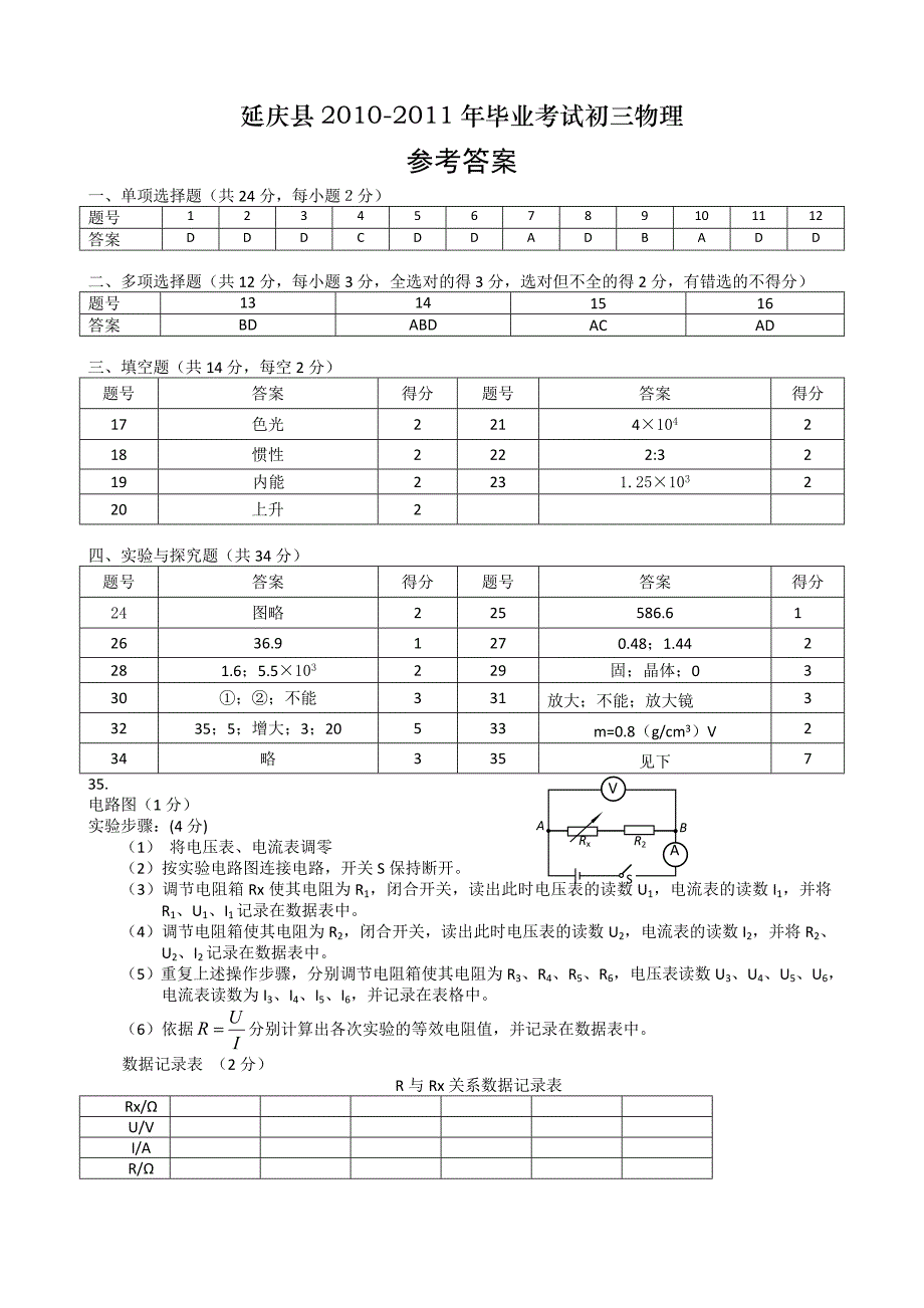 延庆中考一模物理试题目答案_第1页