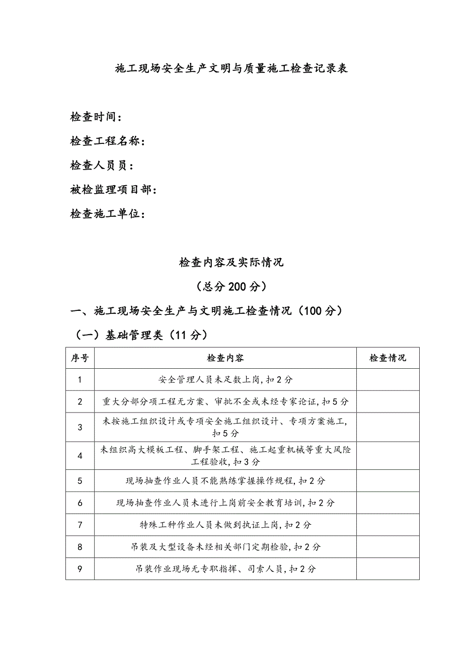 建筑施工现场安全生产文明和质量施工检查记录表_第1页