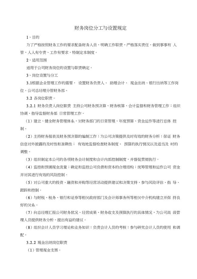 财务岗位分工与设置规定