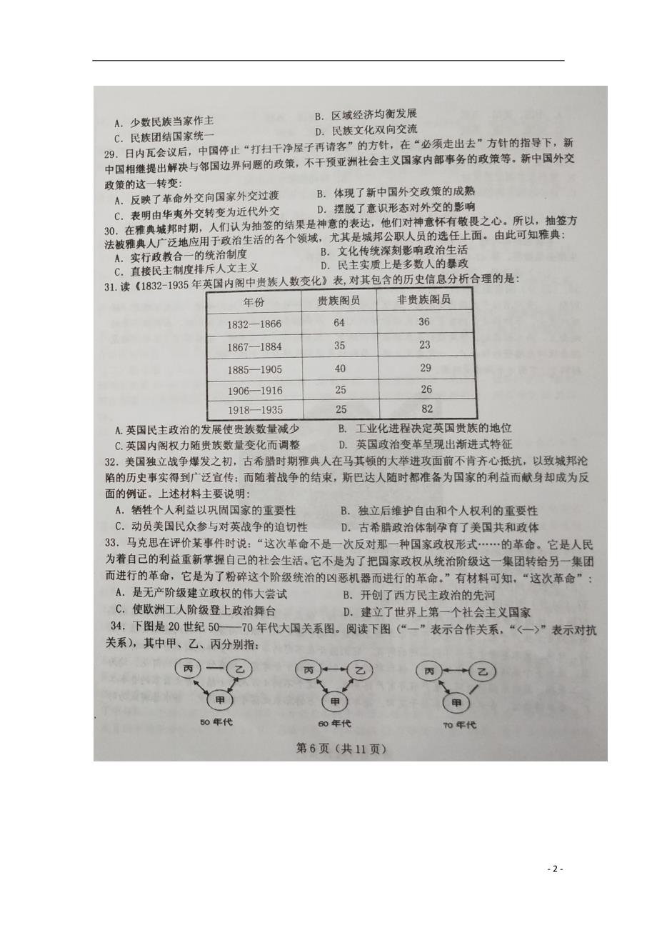 黑龙江省大庆中学2019届高三历史上学期期中试题（扫描版）_第2页