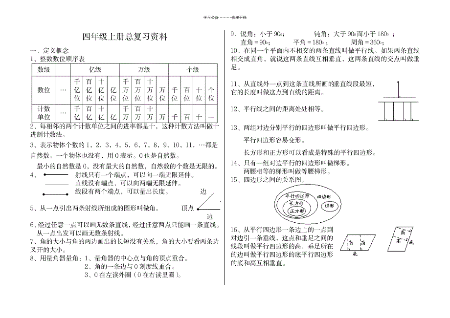 2023年人教版小学数学四年级上册复习最全面精品资料及各单元练习题1_第1页