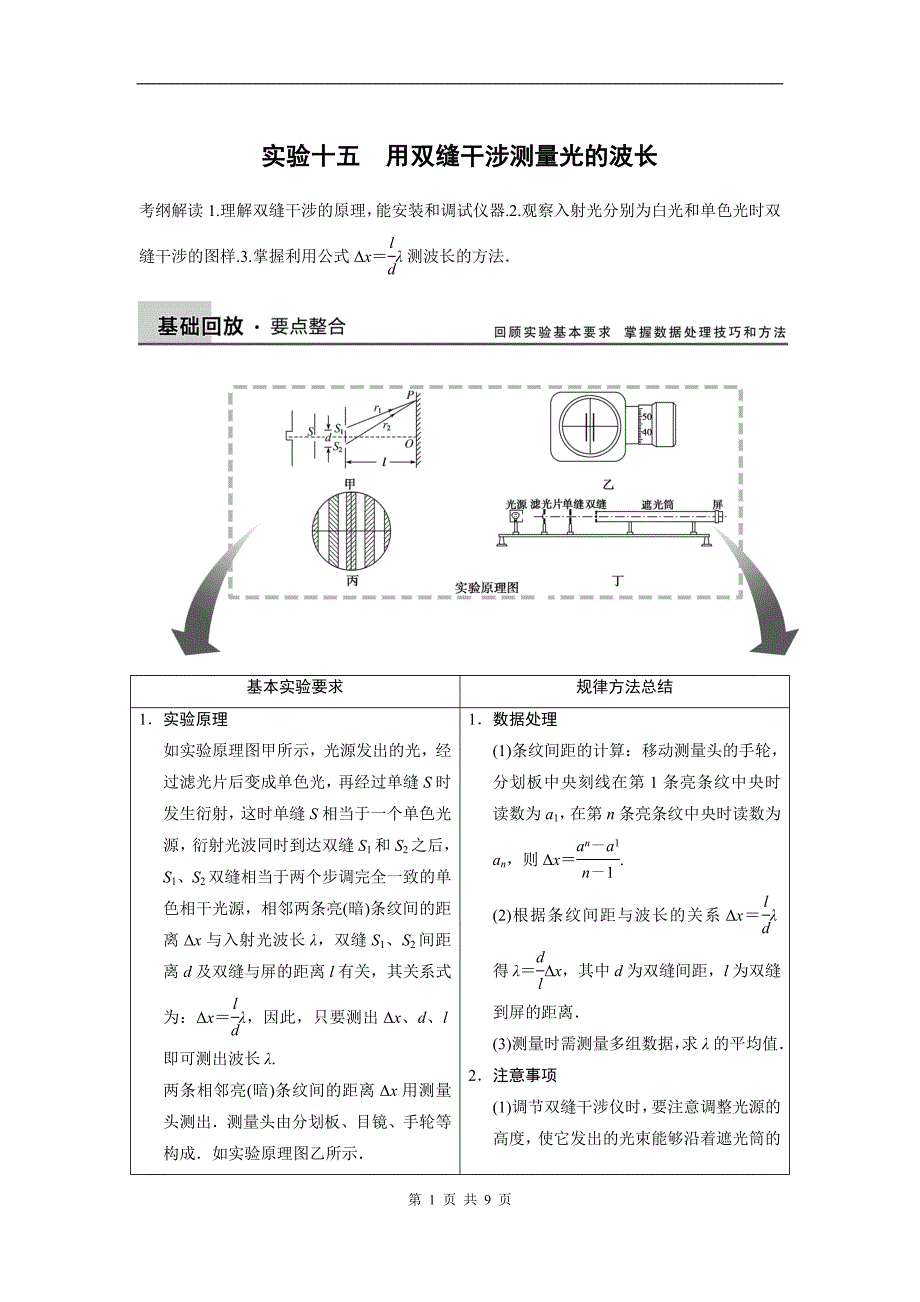 步步高2015高三物理(新课标)一轮讲义：实验15用双缝干涉测量光的波长.doc_第1页