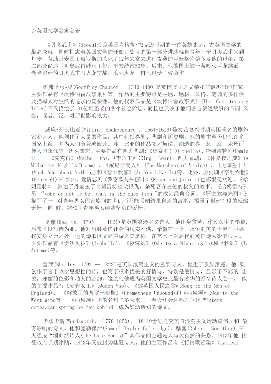 英美文学主要作家及其作品_第1页