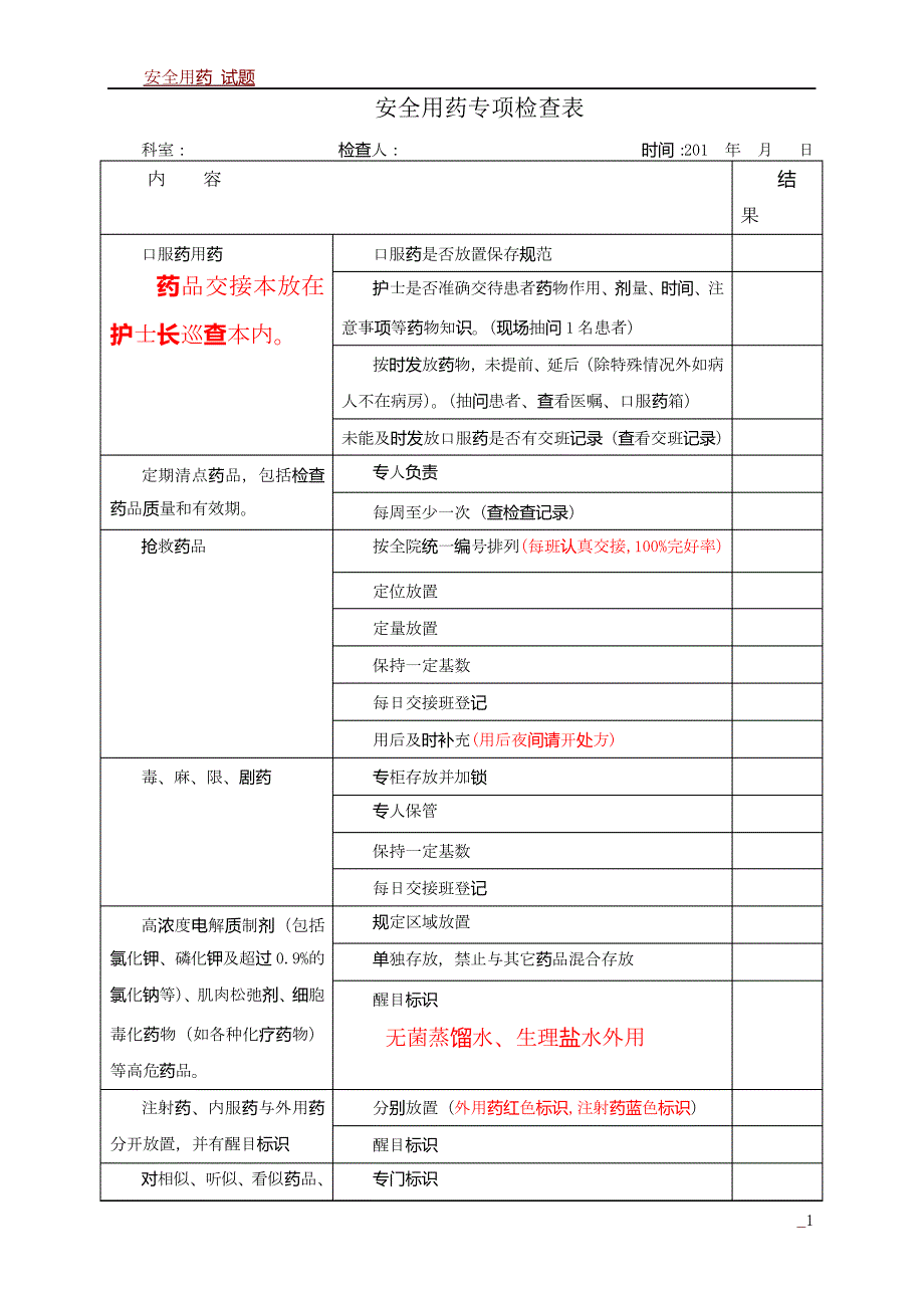 安全用药专项检查表_第1页