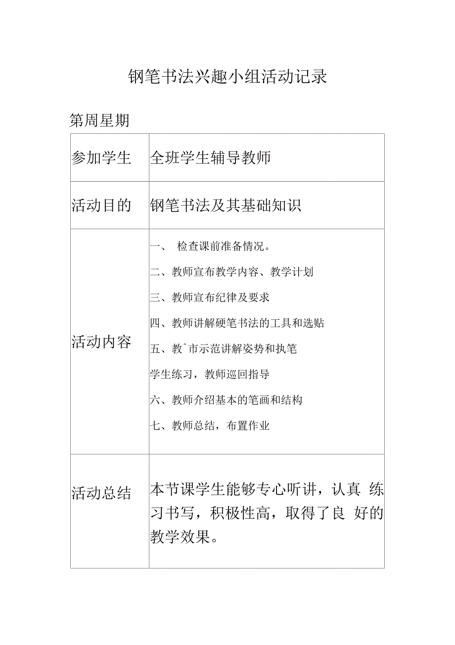 小学钢笔书法兴趣小组活动记录教案资料_第1页