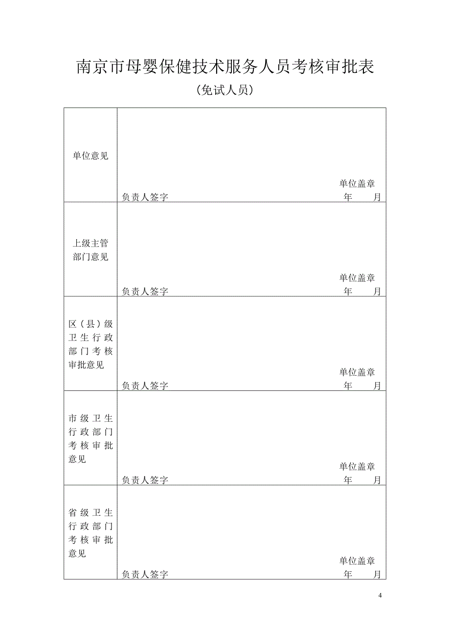 南京市母婴保健技术服务人员考核审批表( 免试人员 )_第4页