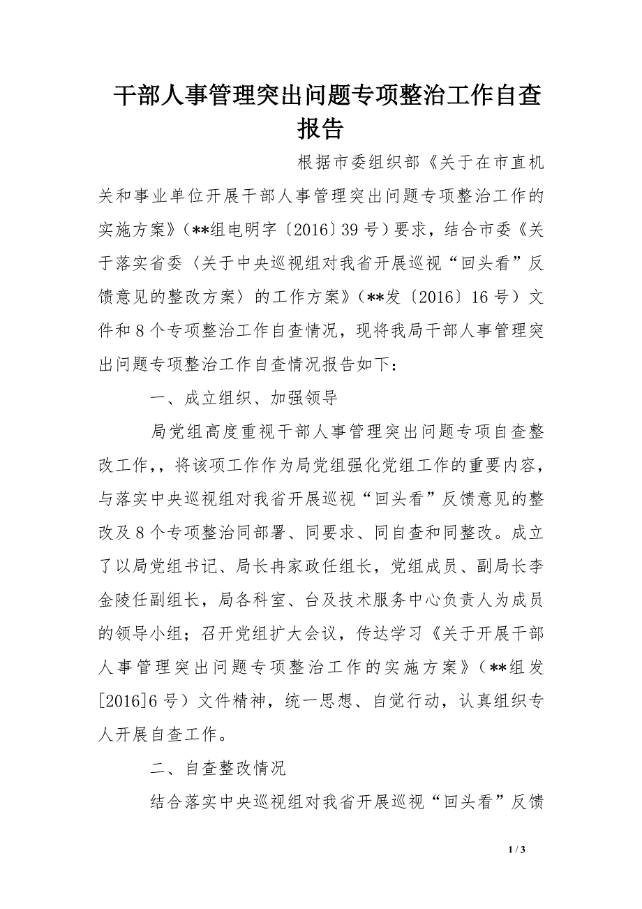 干部人事管理突出问题专项整治工作自查报告_第1页