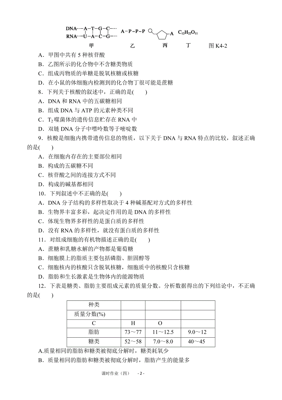 2013届高三人教版生物一轮复习课时作业(4)第4讲 细胞中的核酸、糖类和脂质_第2页