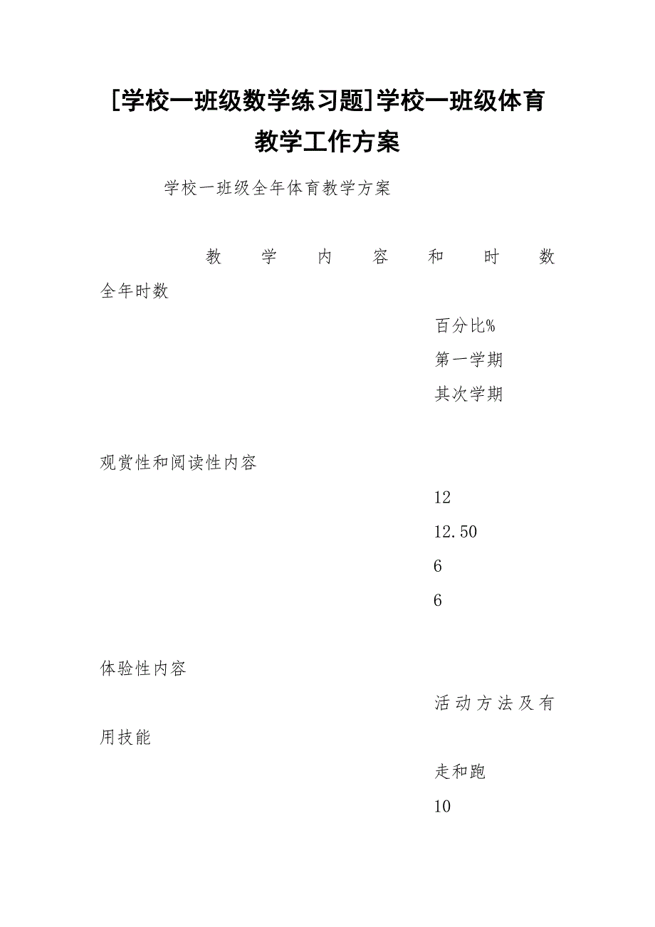 [学校一班级数学练习题]学校一班级体育教学工作方案_第1页