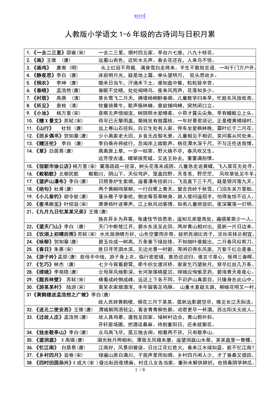 人教版小学古诗词汇总情况_第1页