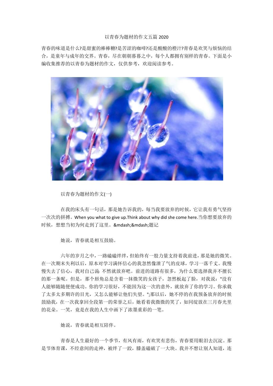 以青春为题材的作文五篇2020.docx_第1页