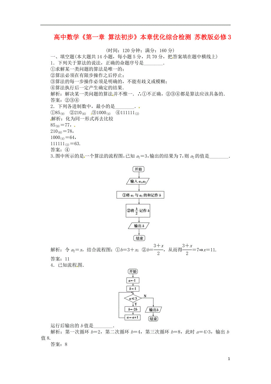高中数学第一章算法初步本章优化综合检测苏教版必修3_第1页