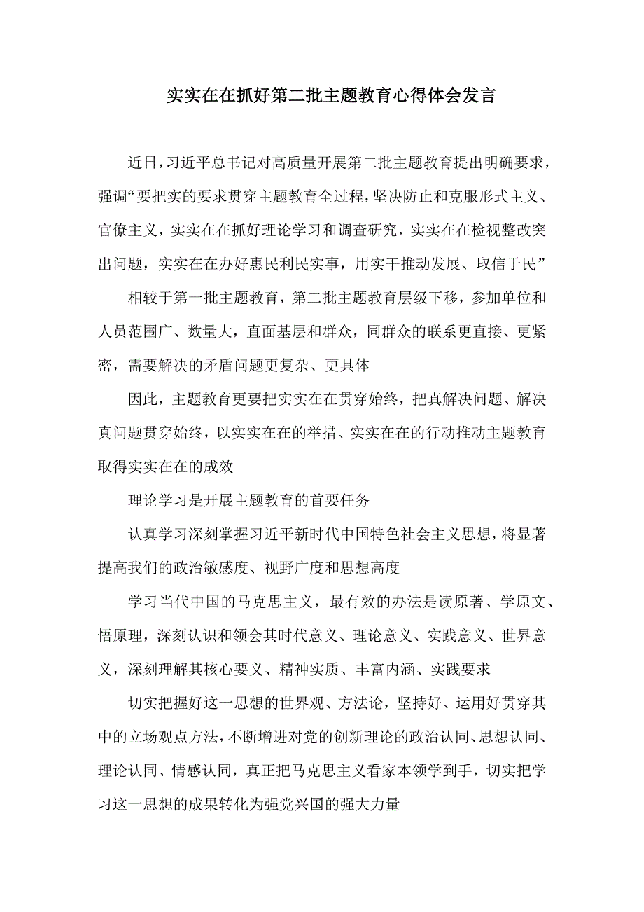 实实在在抓好第二批主题教育心得体会发言.docx_第1页