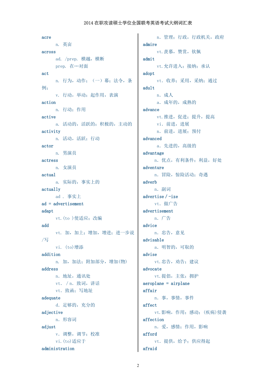 2014年在职攻读硕士学位全国联考英语考试大纲词汇表_第2页