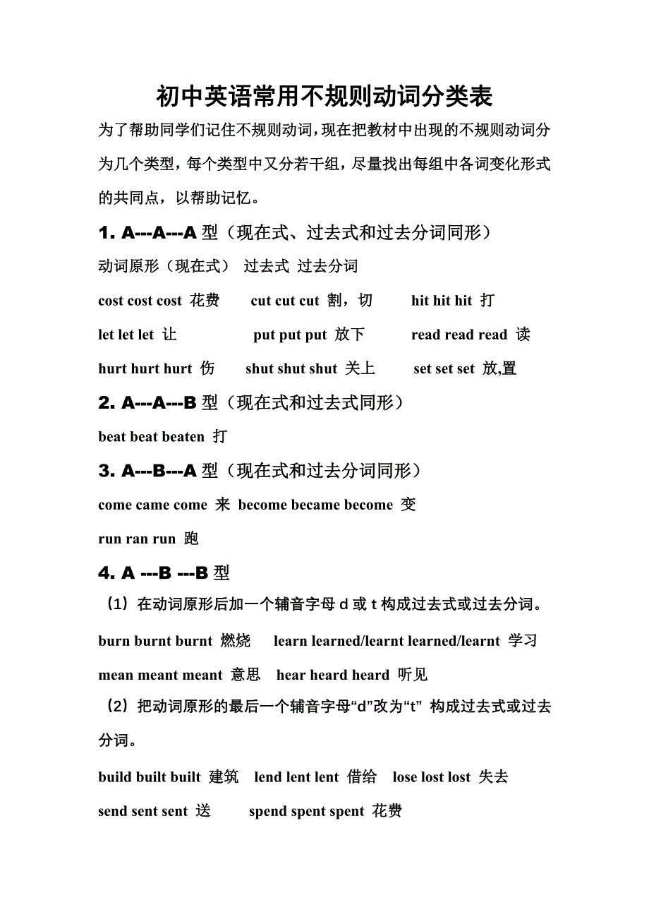 初中英语常用不规则动词分类表.doc_第1页