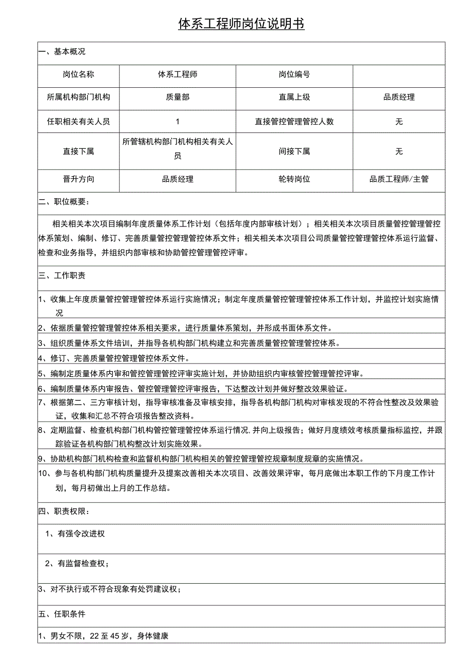 办公文档范本体系工程师岗位职责说明书_第1页