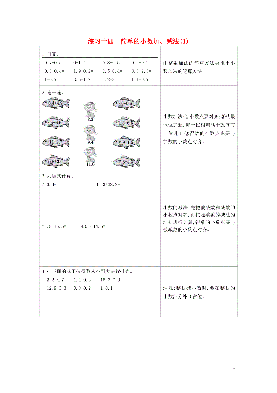 三年级数学下册 9 总复习 练习十四 简单的小数加、减法（1）口算练习 新人教版_第1页