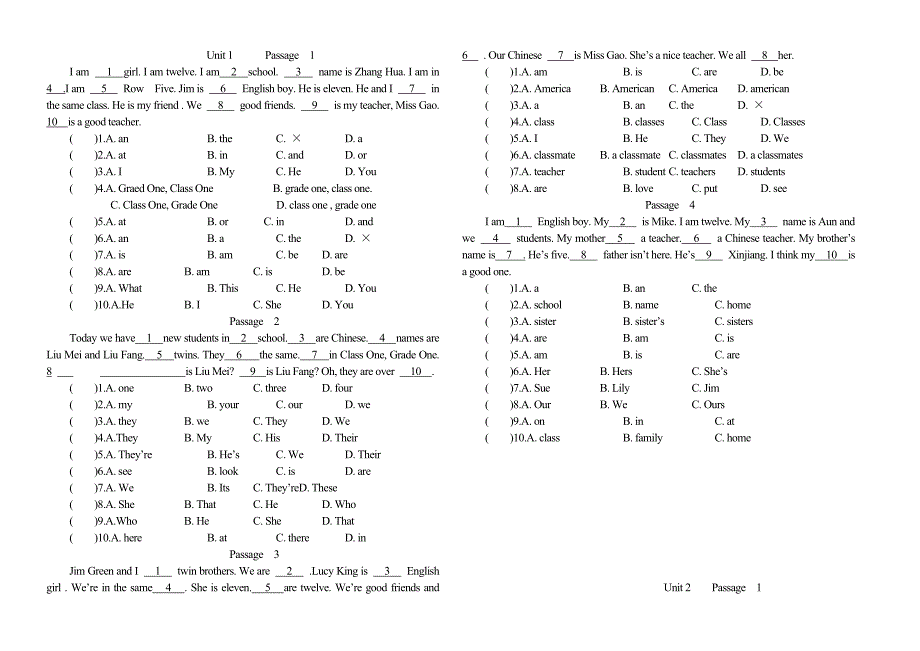 六年级英语完形填空100篇(含答案和讲解)-精编_第1页